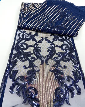 Modrá Afriky Čipky Textílie 5 Metrov 2022 Vysokej Kvality Flitrami Výšivky Nigérijský Svadobné Materiál Francúzskej Čipky Textílie Pre Ženy Šiť