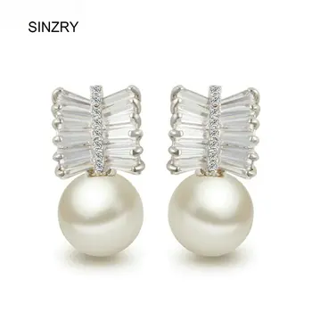 SINZRY nové 2017 Jasné biele AAA kubický zirkón sweety simulované pearl stud náušnice pre ženy módne šperky darček