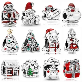 Červená Smalt Sánkovanie Santa Vianočné Mačiatko Pani Santa Claus Kúzlo 925 Sterling Silver Korálky Fit Módny Náramok DIY Šperky