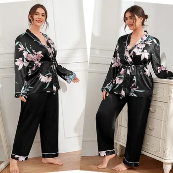 Nové módy sexy veľké veľkosti pajama žien cardigan krajky-up nightgown pajama nohavice príležitostné voľné luxusných domov dámy nastaviť