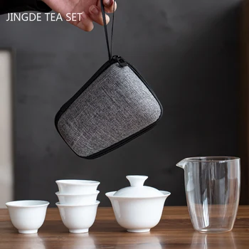 Biely Porcelán Cestovné Prenosné Čaj Sady Keramických Gaiwan Teacup Rýchle Pohár Nastaviť Domácnosti Tea Pot a Pohár Nastaviť Čínsky Teaware