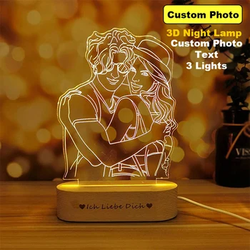 Osobné Fotografie, 3D Lampa Vlastný Obrázok/Text Nočné Svetlo s Drevenou Základňou Pre Svadobné, Vianočné matiek, Deň otcov Dar