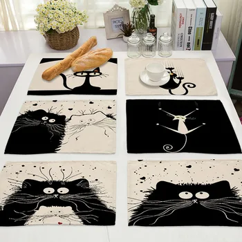 1Pcs Roztomilý Black Cat Vzor Kuchyňa Placemat Jedálenský Stôl Rohože Piť Tácky Západnej Pad Bavlnená posteľná Bielizeň Pohár Mat 42*32 cm MA0003