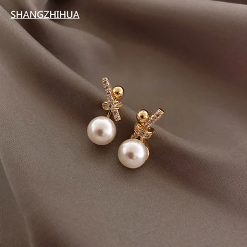 SHANGZHIHUA 2021 nové klasické vykladané zirkón uzol Pearl Náušnice, Módne kórejskej ženy šperky lady party Jednoduché dámske Náušnice
