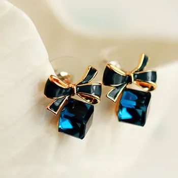 Bowknot Náušnice Kocka Modré Crystal Stud Náušnice Pre Ženy Brincos Earing Zabrániť Alergikov Náušnice Oorbellen Nádherné Šperky