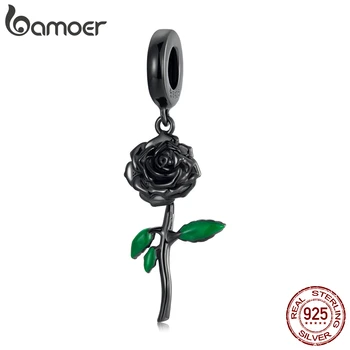 BAMOER Vintage 925 Sterling Silver Black Rose Prívesok fit Ženy Originálny náramok alebo Náramok Elegantná Kvetina Kúzlo Jemné Šperky