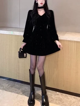 Čistá Farba Vintage Zamatové Šaty Žena Bežné 2022 Jar Kórejský Módne Y2k Mini Šaty Elegantné Šaty Dlhý Rukáv Žena Slim