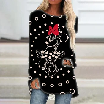 Móda Populárne Streetwear Značky Disney Mickey a Minnie Anime Letné dámske Ležérne Posádky Krku Voľné Dlhý Rukáv T Shirt Top