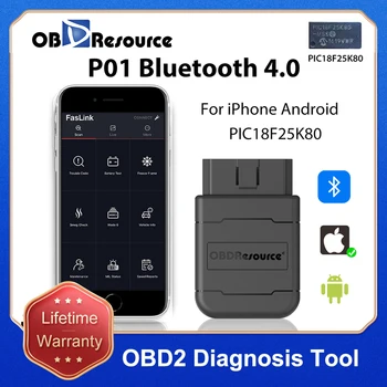 OBDResource V1.5 ELM327 PIC18F25K80 Auto Diagnostický OBDII Code Reader OBD2 Skener P01 Bluetooth 4.0 Skener pre iPhone Android