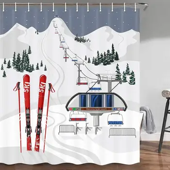 Zimné Športy Sprchové Závesy pre Kúpeľňa,Lyžiarske Pokryté Snehom Stromy a Biely Sneh na Horských Outdoorové Športy Dekor Vaňa Opony