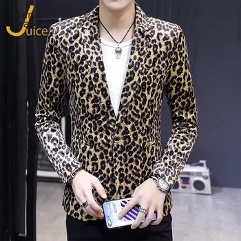 Muži Móda Leopard Tlač Sako Kabát Sexy Slim Fit Strany Clubwear Blejzre Bunda Mužov Sako Oblečenie