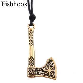 Fishhook Nadprirodzené Viking Náhrdelník Vicca Sekera Amulet Zlatá farba Škandinávskych Vosk String Reťazec Prívesok Darček Pre Mužov Šperky