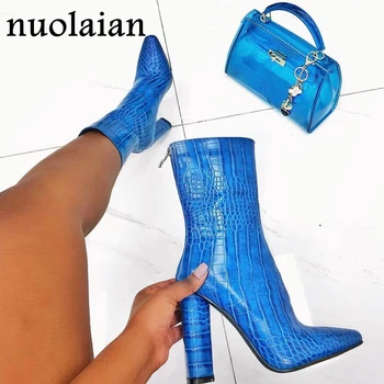 Dámske Modré Patent Kožené Topánky Žena 10.5 CM Vysoký Podpätok Topánky, Členkové Topánky Pani Zima Kožušiny Boot Snow Topánky