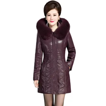 Kožená Bunda Ženy 2020 Zimné Hrubé Teplo Kožušinové Kabáty s Kapucňou Dlhé Štíhle Vysokej Kvality Outwear Oblečenie Feminina LR953