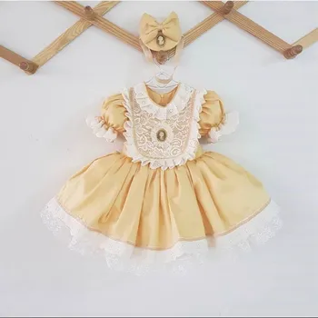 0-12Y Dieťa Dievča Leta Žltá Vintage španielska Princezná plesové Šaty, Šaty na Vianoce Eid Príčinné