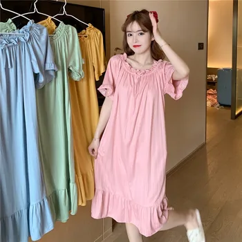 Sladké Ženské Mimo Ramenný Nightgown Farbou Sleepwear Volánikmi Domov Šaty Princezná Odev Voľné Oblečenie Pre Voľný Čas Neforemné Salónik