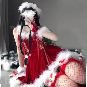 Vianočné Xmas Party Plesové Šaty Pani Santa Claus Cosplay Kostým Sexy Spodnú Bielizeň Bez Rukávov Zamatové Šaty Slúžku, Servírka Jednotné