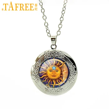 TAFREE Štýlový roztomilý kreslený golden Sun & Moon medailón prívesok náhrdelník zábavné Sun Moon star Monogrammed šperky sun moon boh HH257