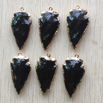 Móda prírodné čierna obsidián kameň šípku zlatá platňa strane charms prívesky pre šperky označenie doprava zadarmo Veľkoobchod 6pcs/veľa