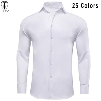 Hi-Tie Designer White Solid Pánske Košele S Dlhým Rukávom Slim Fit Polyester Letné Tričko, Blúzka Pre Mužov Pláži Bežné Voľnočasové Muž