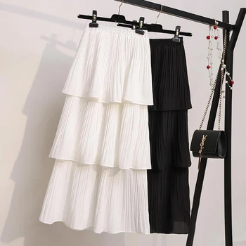 2020 3 Vrstvový Ženy Sukne Čierna Biela kórejský Štýl Dlhé Sukne Lete Skladaná Sukňa Šifón layer cake slnko sukne ženy