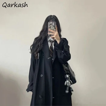 Výkop Ženy Harajuku Elegantné Dvojité Breasted Black Windbreaker Jeseň Nový Britský Štýl Retro Elegantné Vysoko Kvalitné Jednoduché Kabát