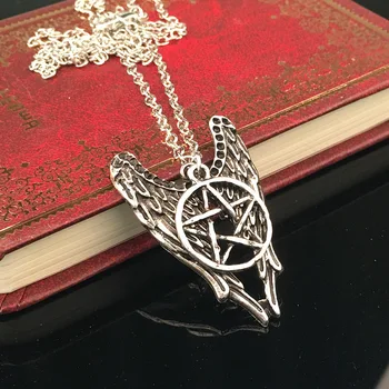 Nadprirodzené Náhrdelník Pentagram Pentacle Castiel Anjel Krídla Vintage Antique Silver Farba Prívesok Amulet Šperky Mužov Veľkoobchod