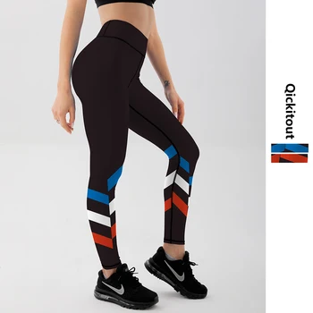 Qickitout Push Up Cvičenie Vysoký Pás Športové Farebné pruhy Vytlačené Black Fitness pančuchové nohavice legíny žena