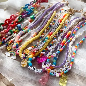 Dvacaman 2021 Nové Perly Smajlík Perlové Náhrdelníky pre Ženy Boho Farebné Mäkké Keramiky Rainbow Prívesok Náhrdelníky Ručne vyrábané Šperky