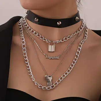 DIEZI Gotický PU Kožené Choker Reťazca Náhrdelník Hip Hop Nit Key Lock Písmená Prívesok Náhrdelník Ženy Collier Femme 2020 Šperky