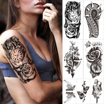 Nepremokavé Dočasné Tetovanie Nálepky Hodiny Dove Rose Tatto Rameno Tmavé Starej Školy Wing Body Art Rameno Falošné Rukáv Tetovanie Ženy Muži