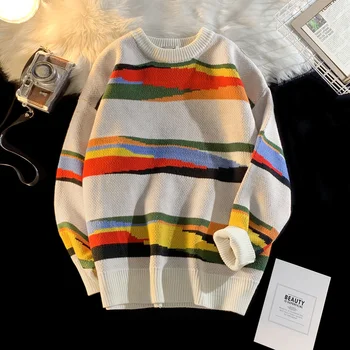 Jeseň Rainbow Prekladané Pletený Sveter Pre Mužov Voľné Hip Hop Crewneck Knitwear vytiahnuť homme Bežné Vianočné jumper Y2K Oblečenie