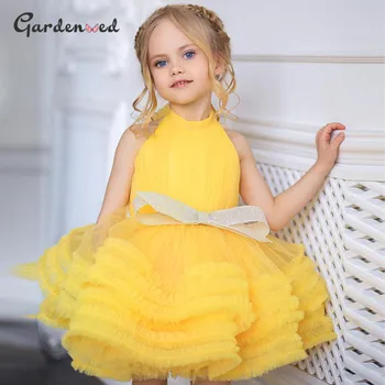 Žltá Baby Girl Dress Luk Nafúknuté Šaty Pre Dievčatá, Vysoký Golier Luk Prijímanie Šaty Koleno Dĺžke Kvetina Dievča Šaty Šaty Deti